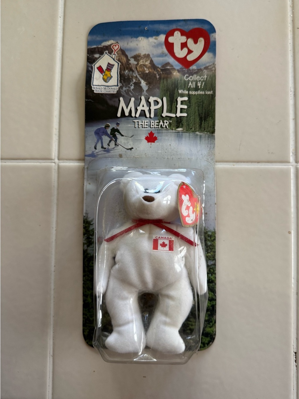 1997 Ty White Maple the Bear Plush with Red Ribbon and Flag